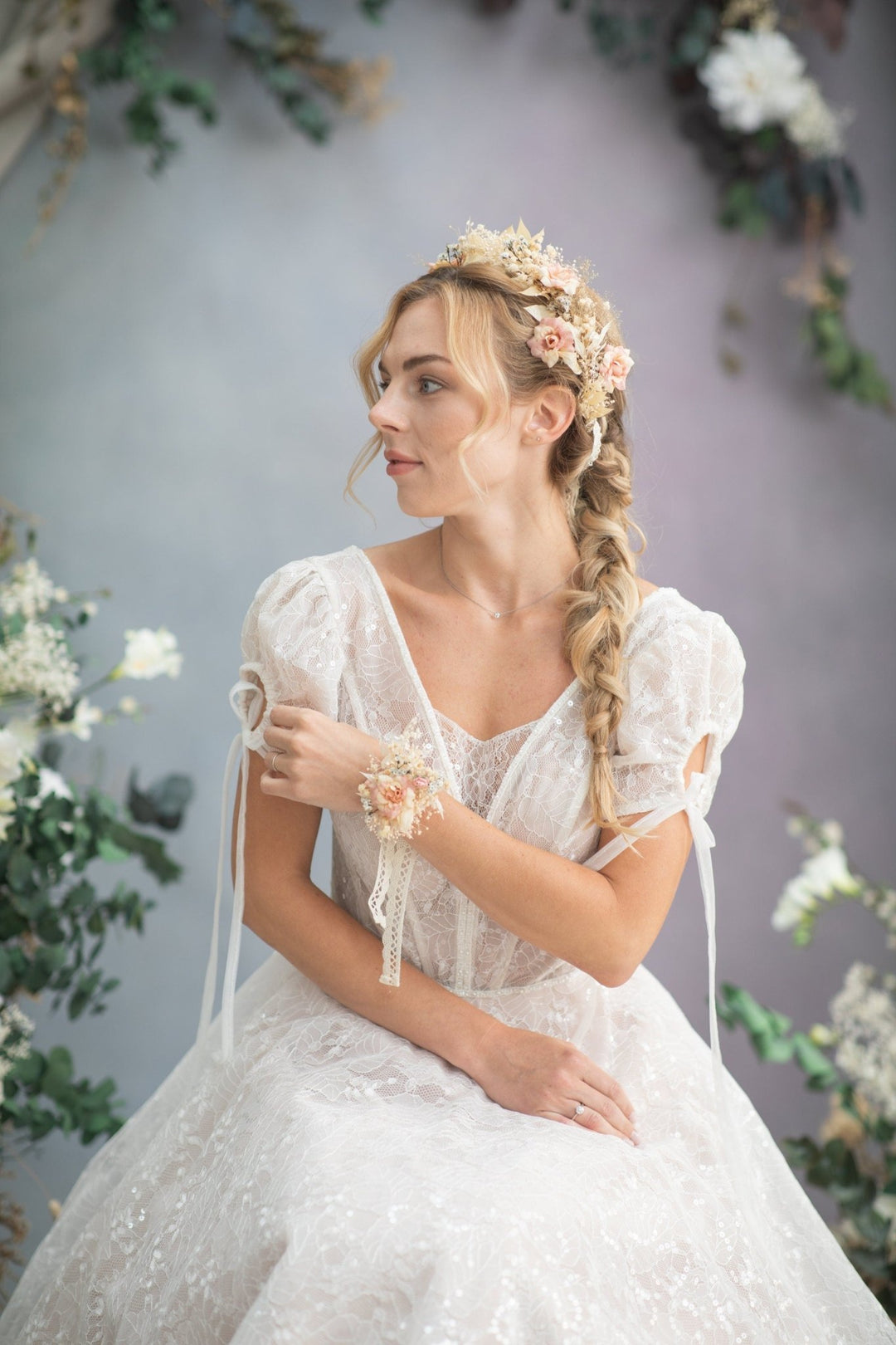 Rustic Blush Flower Bracelet: Ivory Bridal Wrist Corsage – handmade floral hair accessory by magaela