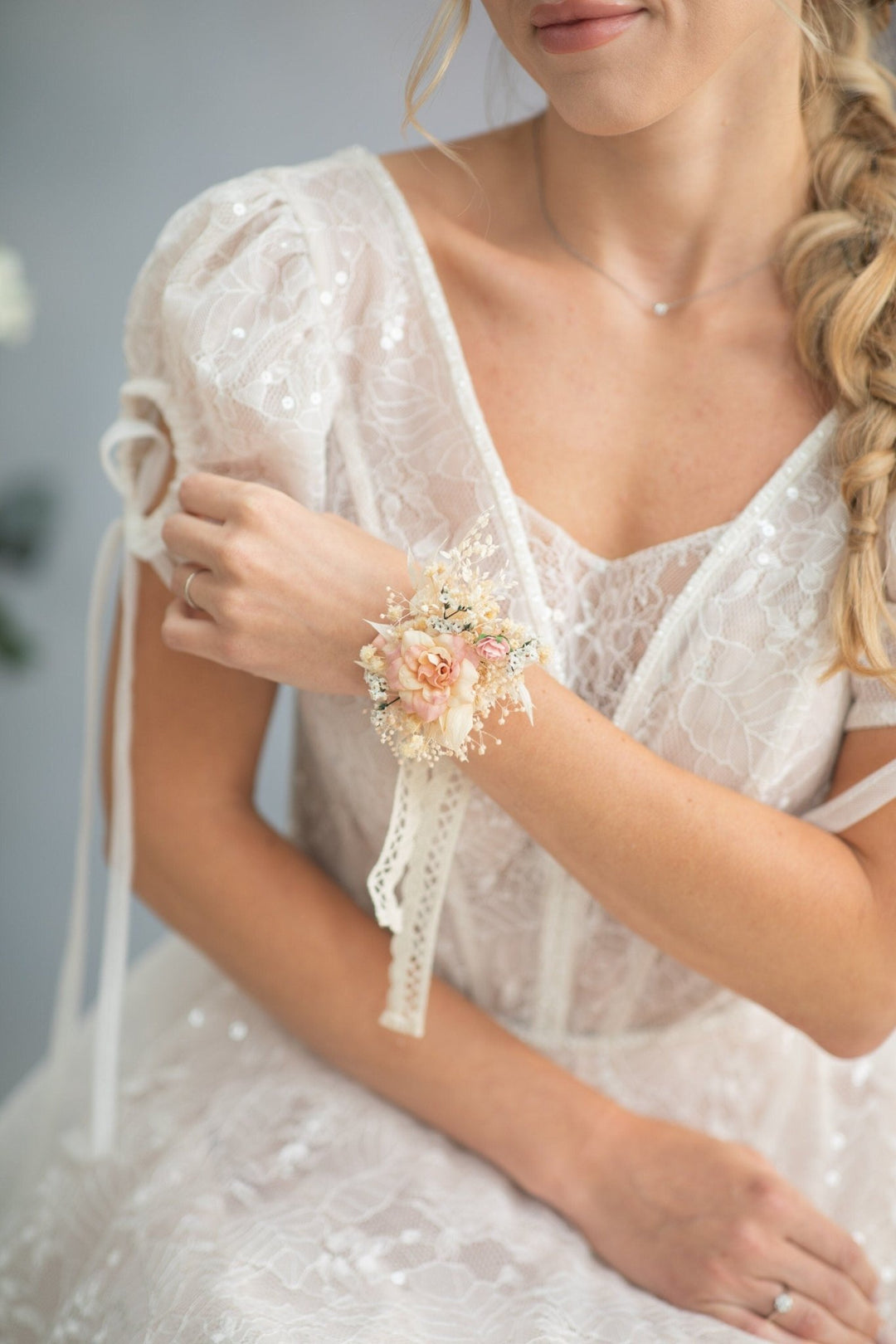 Rustic Blush Flower Bracelet: Ivory Bridal Wrist Corsage – handmade floral hair accessory by magaela
