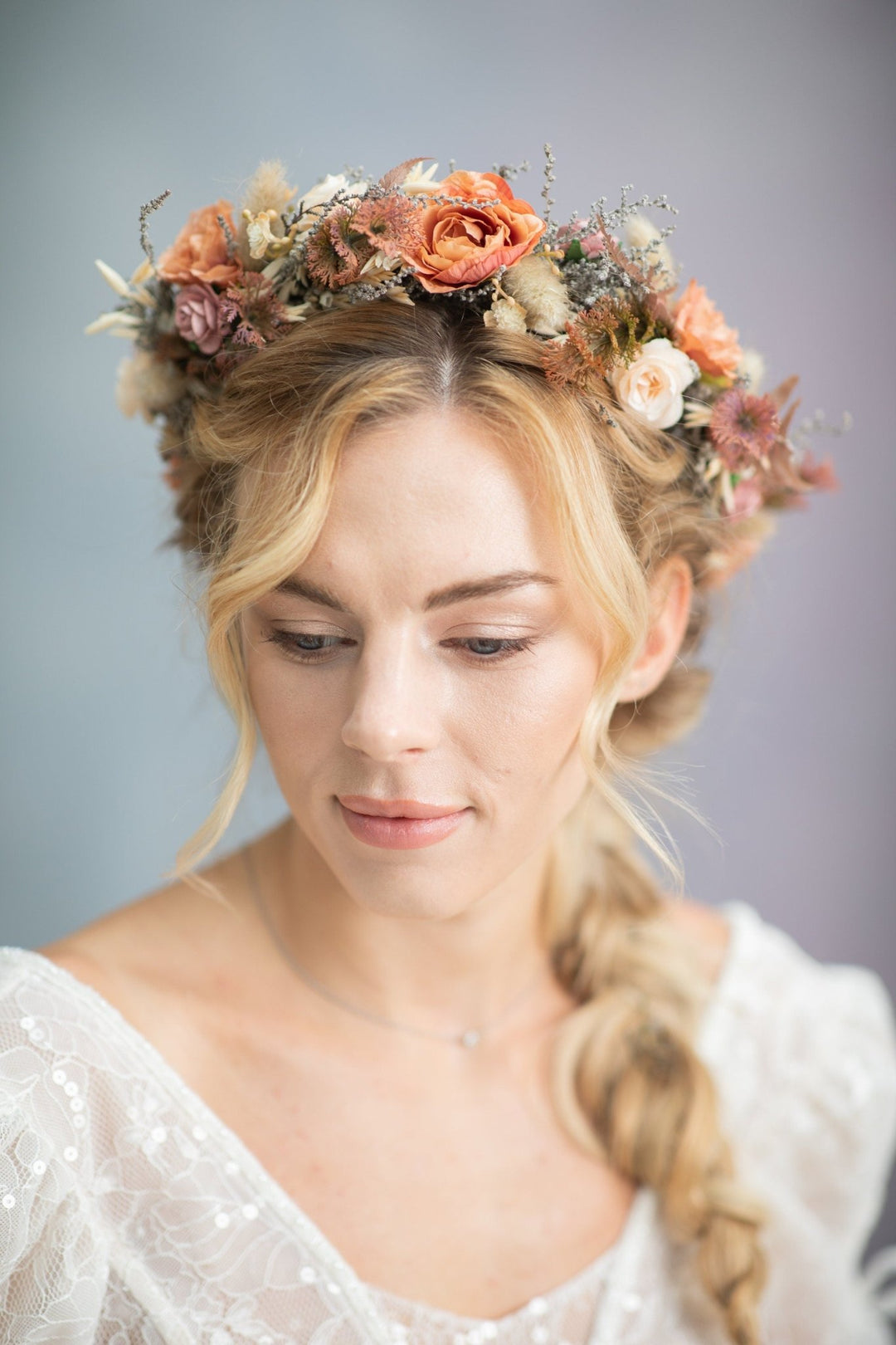 Dusty Orange Flower Crown: Boho Bridal Headpiece – handmade floral hair accessory by magaela