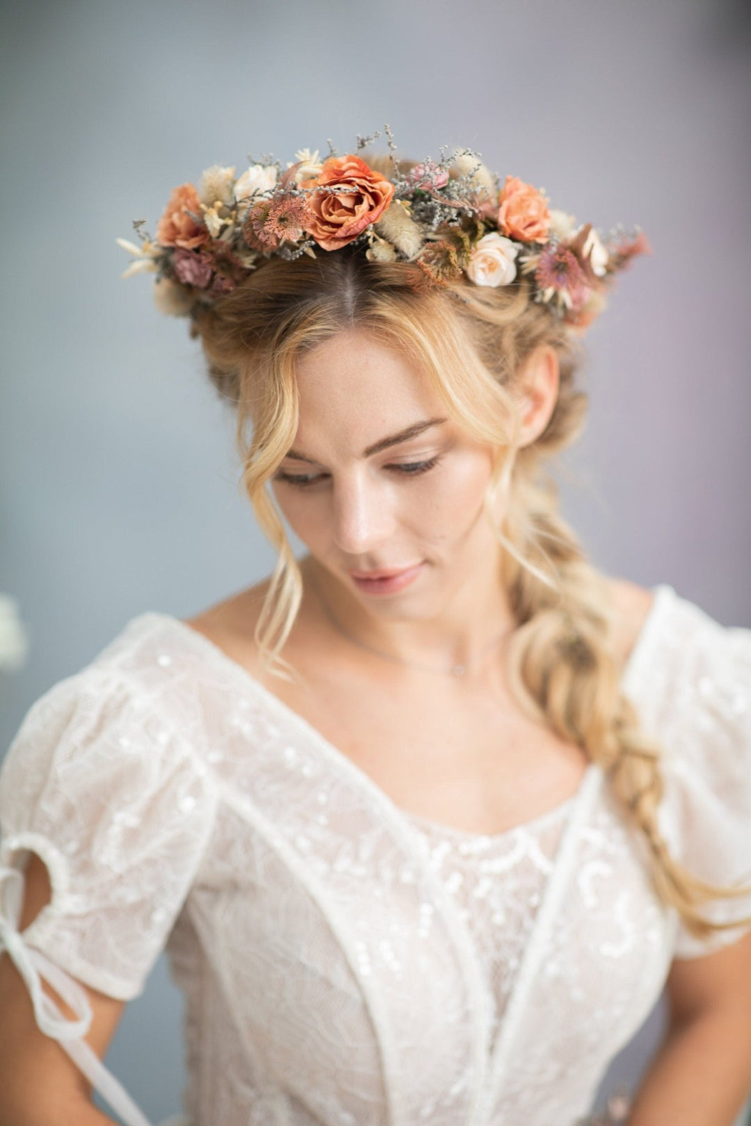 Dusty Orange Flower Crown: Boho Bridal Headpiece – handmade floral hair accessory by magaela