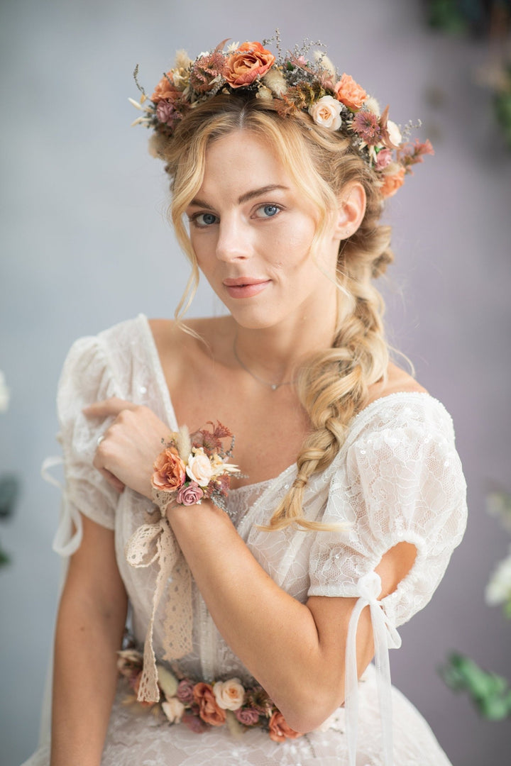 Peach Flower Bracelet: Romantic Lace Wrist Corsage, Bridal Accessory – handmade floral hair accessory by magaela