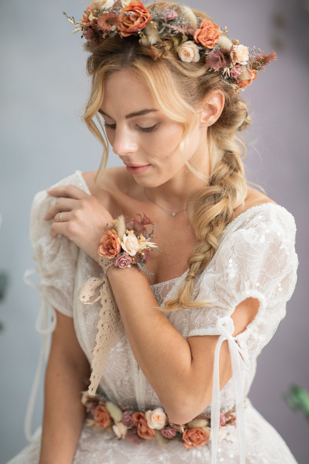 Peach Flower Bracelet: Romantic Lace Wrist Corsage, Bridal Accessory – handmade floral hair accessory by magaela