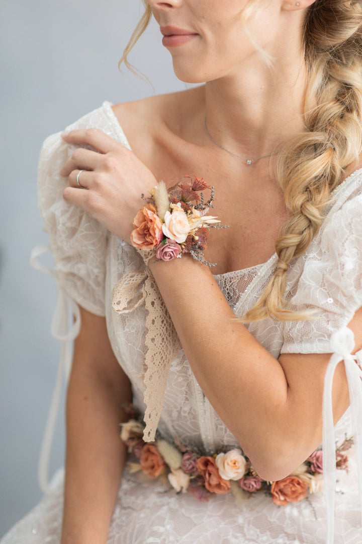 Peach Flower Bracelet: Romantic Lace Wrist Corsage, Bridal Accessory – handmade floral hair accessory by magaela
