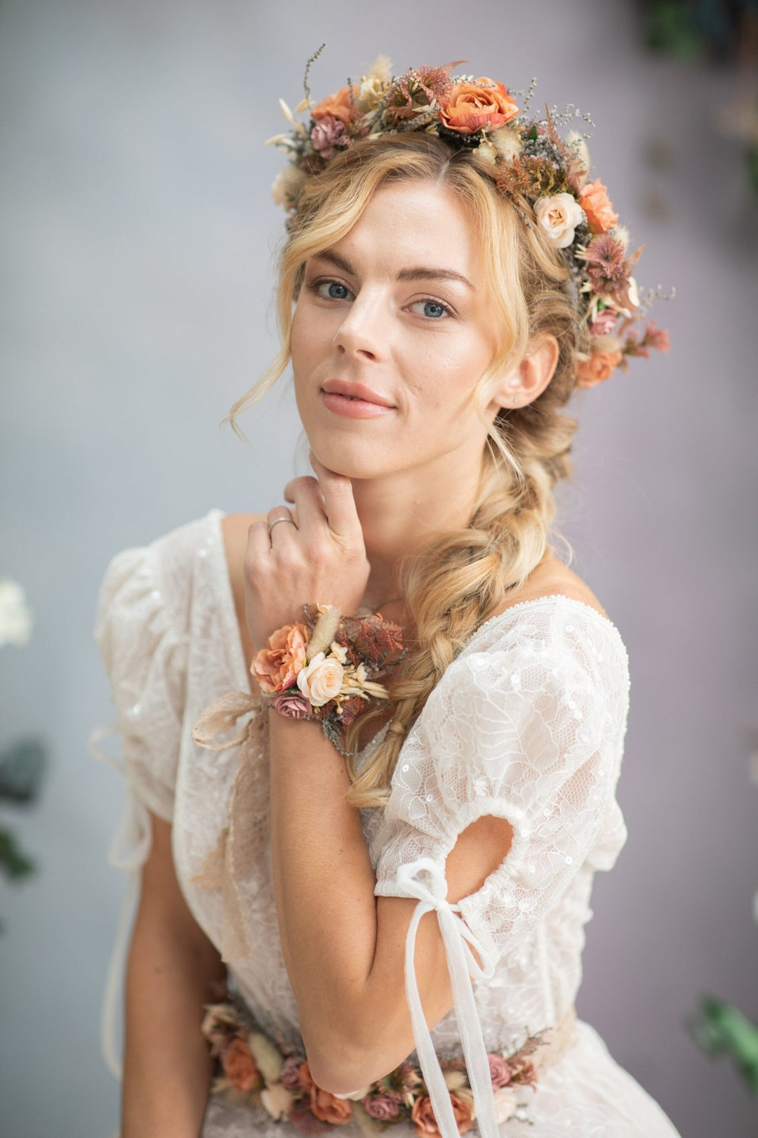 Peach Flower Bracelet: Romantic Lace Wrist Corsage, Bridal Accessory – handmade floral hair accessory by magaela