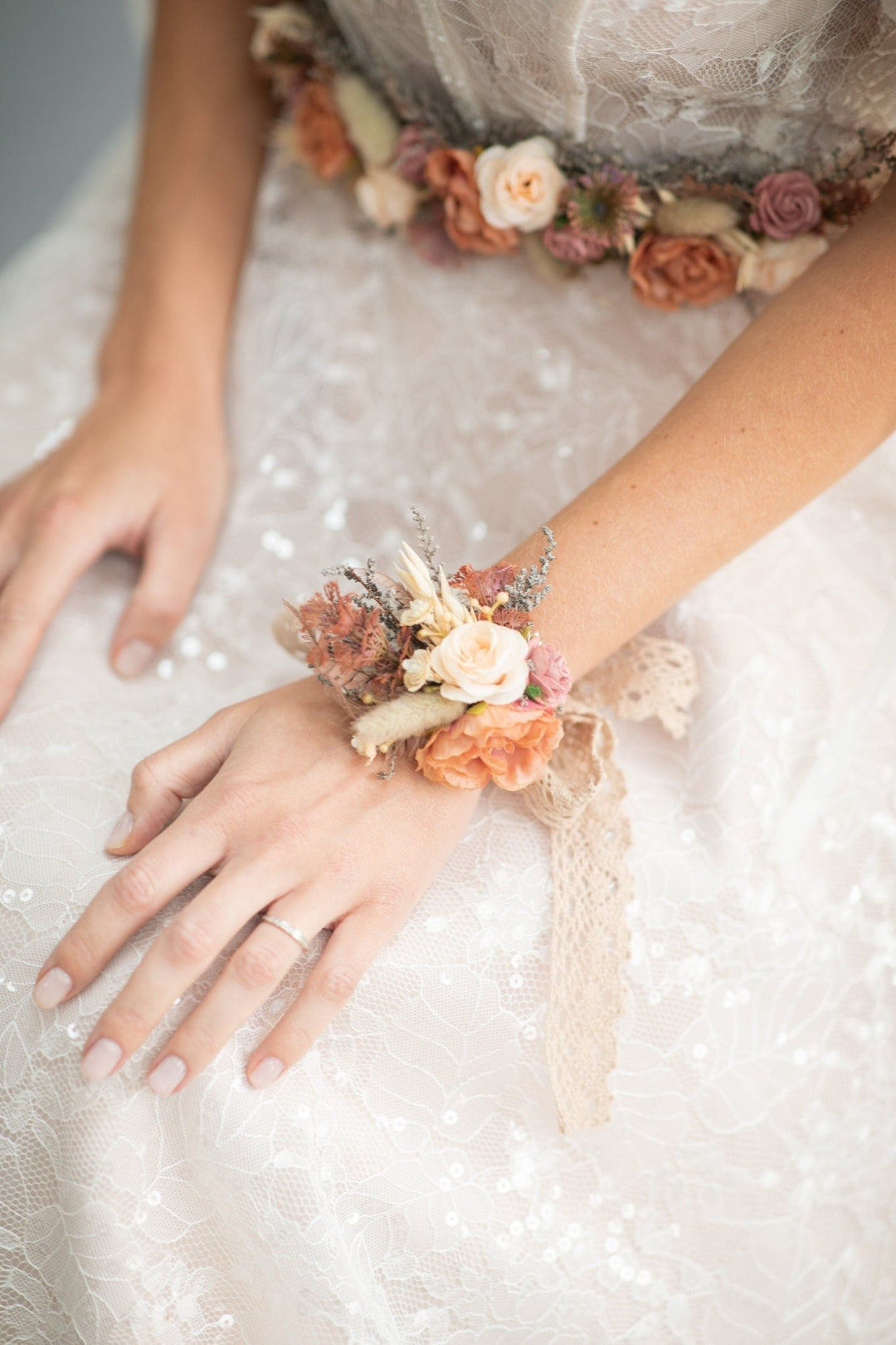 Peach Flower Bracelet: Romantic Lace Wrist Corsage, Bridal Accessory – handmade floral hair accessory by magaela