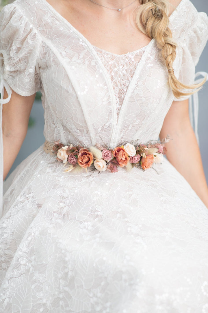 Autumn Flower Bridal Belt: Rustic Peach & Ivory Wedding Sash – handmade floral hair accessory by magaela