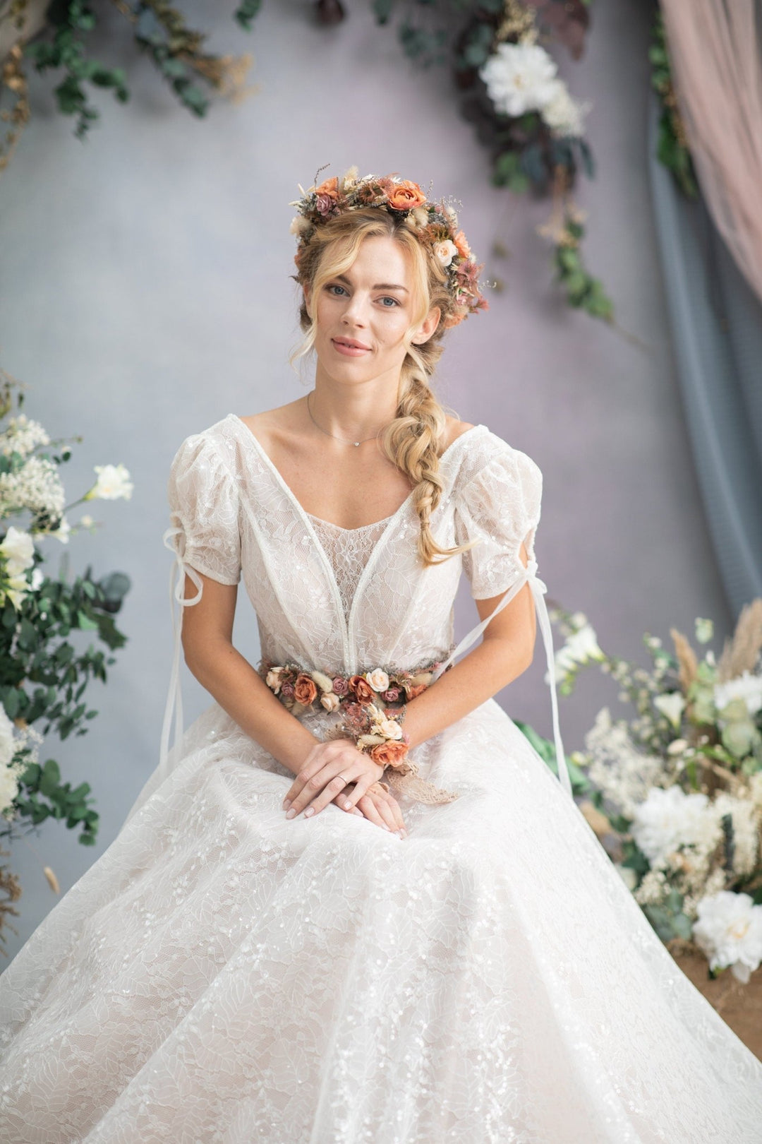 Autumn Flower Bridal Belt: Rustic Peach & Ivory Wedding Sash – handmade floral hair accessory by magaela