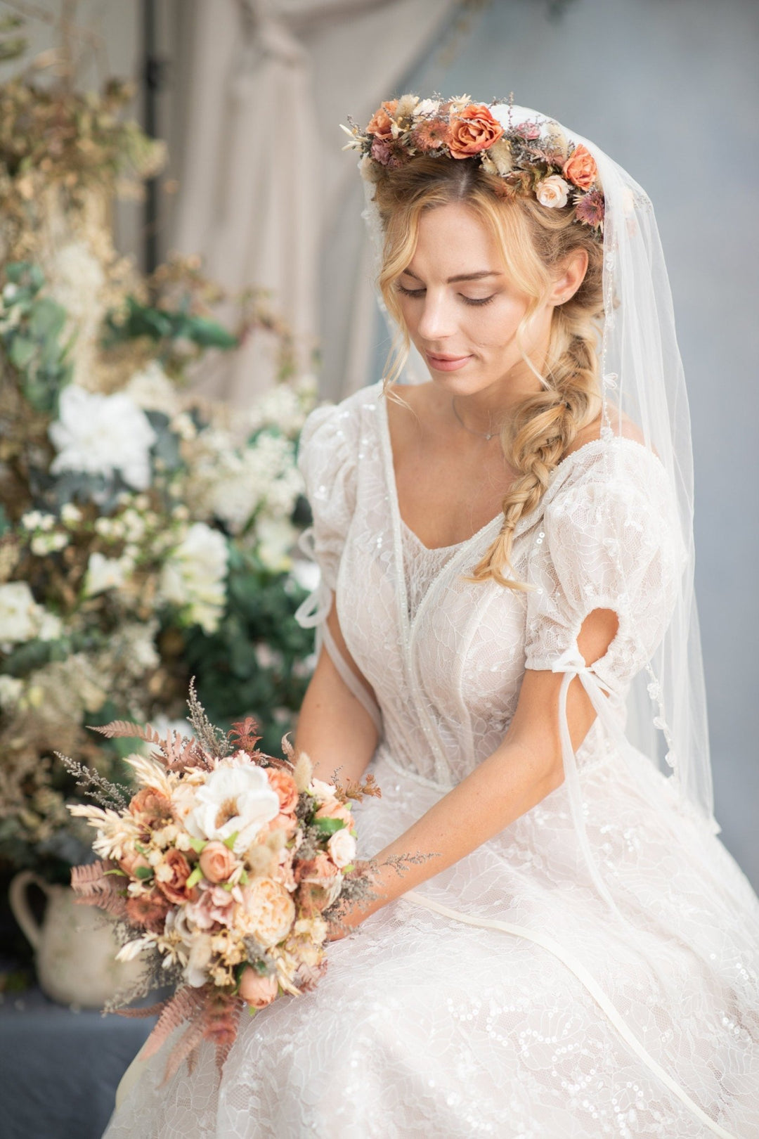 Rustic Orange Ivory Bridal Bouquet: Handmade Autumn Wedding Flowers – handmade floral hair accessory by magaela