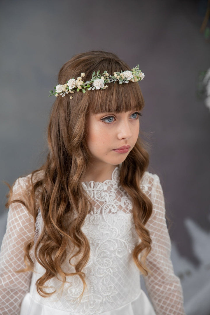 White Rose Communion Hair Wreath: Flower Girl Headband – handmade floral hair accessory by magaela