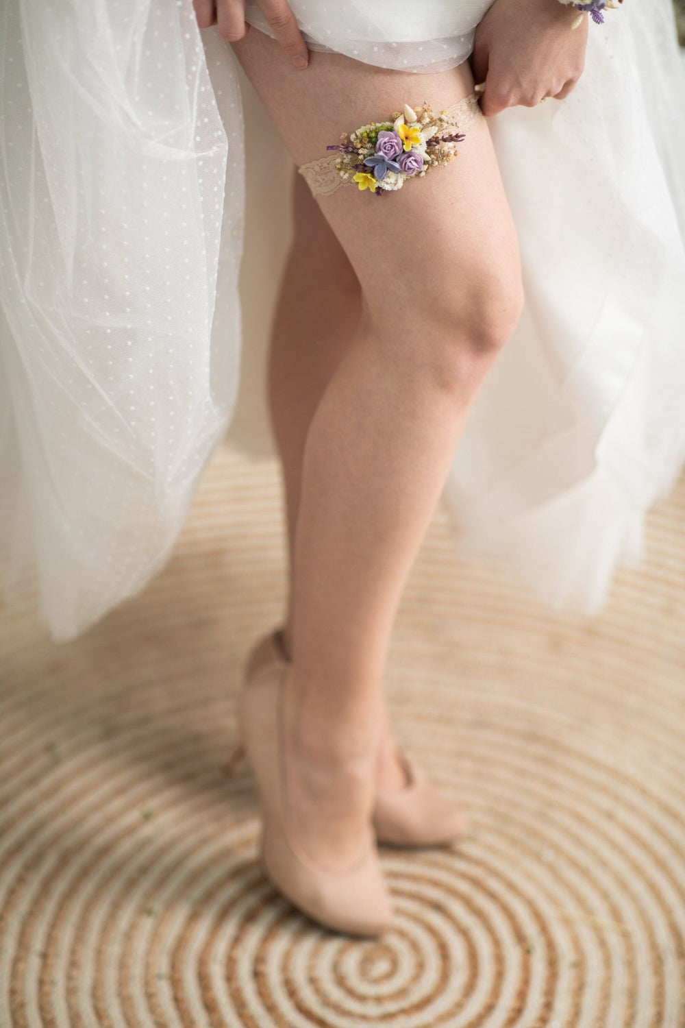 Purple Flower Wedding Garter: Lilac & Yellow Bridal Accessory – handmade floral hair accessory by magaela