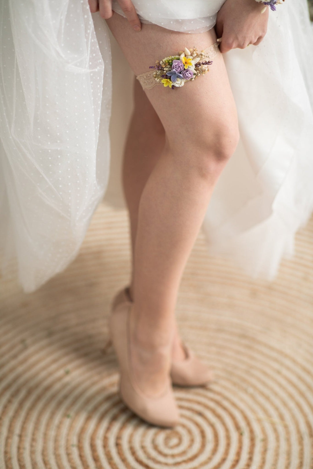 Purple Flower Wedding Garter: Lilac & Yellow Bridal Accessory – handmade floral hair accessory by magaela