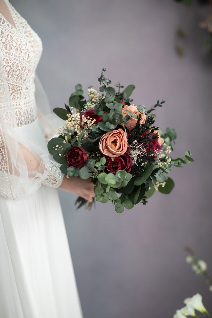 Burgundy Eucalyptus Wedding Bouquet: Dark Red & Peach Roses – handmade floral hair accessory by magaela