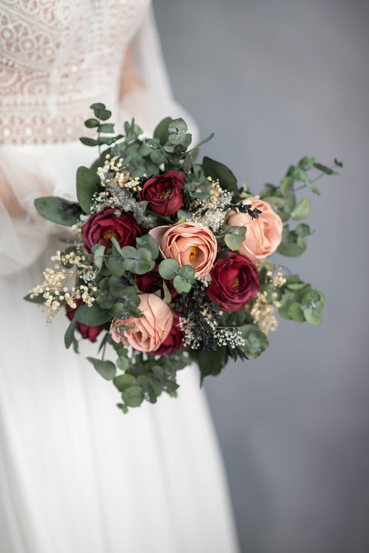 Burgundy Eucalyptus Wedding Bouquet: Dark Red & Peach Roses – handmade floral hair accessory by magaela