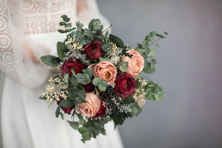 Burgundy Eucalyptus Wedding Bouquet: Dark Red & Peach Roses – handmade floral hair accessory by magaela