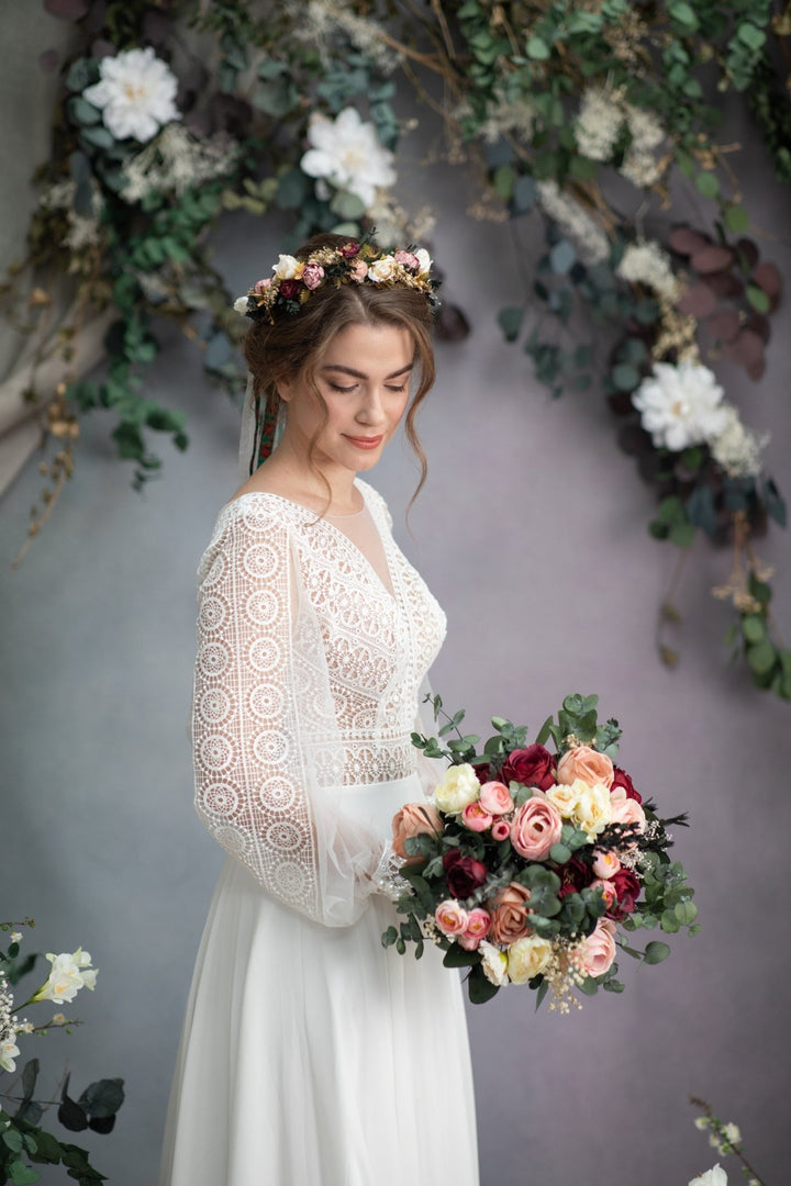 Burgundy Blush Rose Bridal Bouquet: Romantic Eucalyptus Wedding Accessory – handmade floral hair accessory by magaela