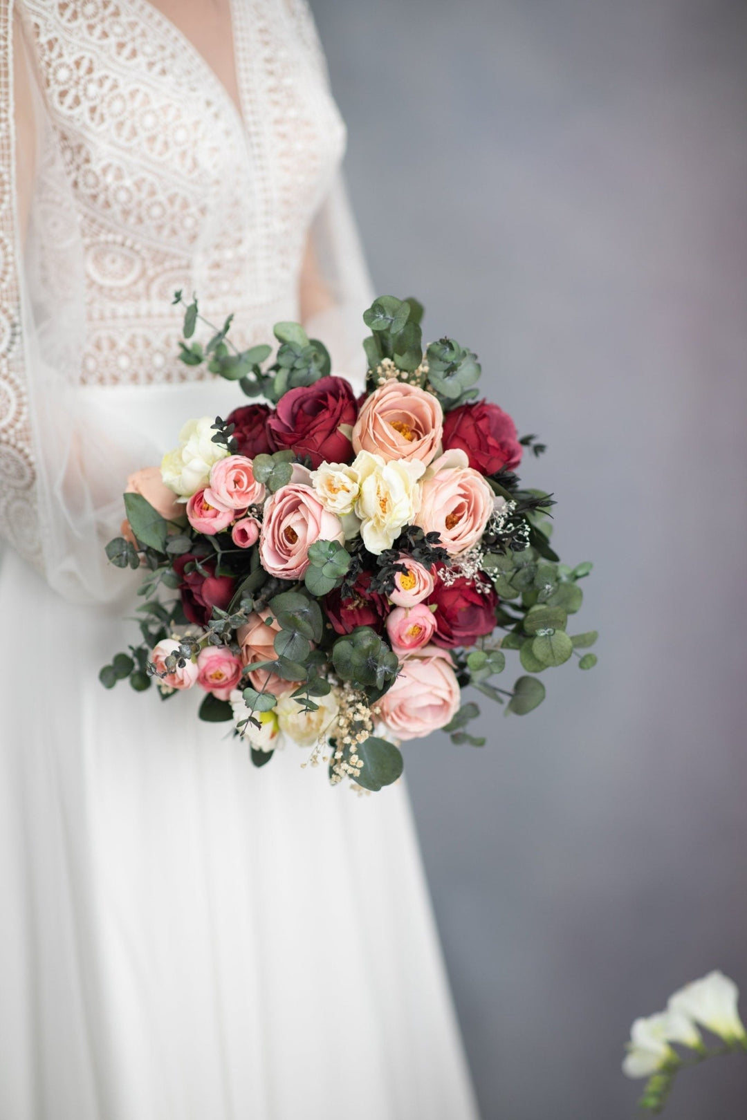 Burgundy Blush Rose Bridal Bouquet: Romantic Eucalyptus Wedding Accessory – handmade floral hair accessory by magaela