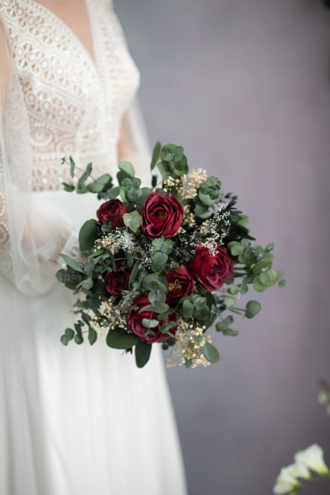 Burgundy Rose Bridal Bouquet: Romantic Wedding Flowers with Eucalyptus – handmade floral hair accessory by magaela