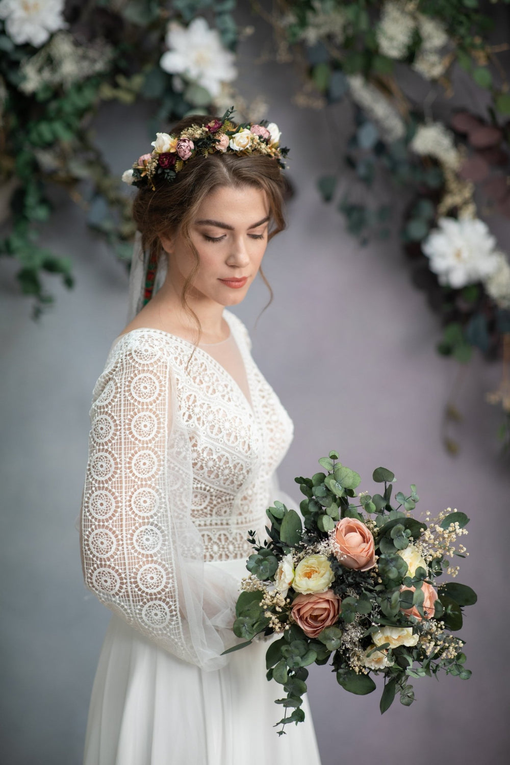 Peach Rose & Eucalyptus Bridal Bouquet: Preserved Wedding Flowers – handmade floral hair accessory by magaela