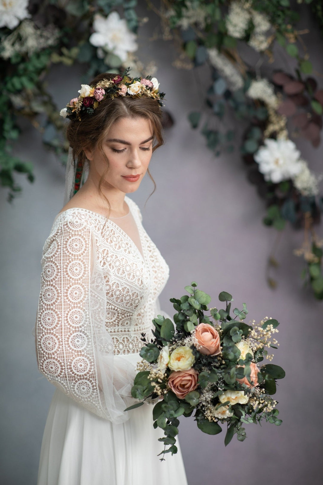 Peach Rose & Eucalyptus Bridal Bouquet: Preserved Wedding Flowers – handmade floral hair accessory by magaela