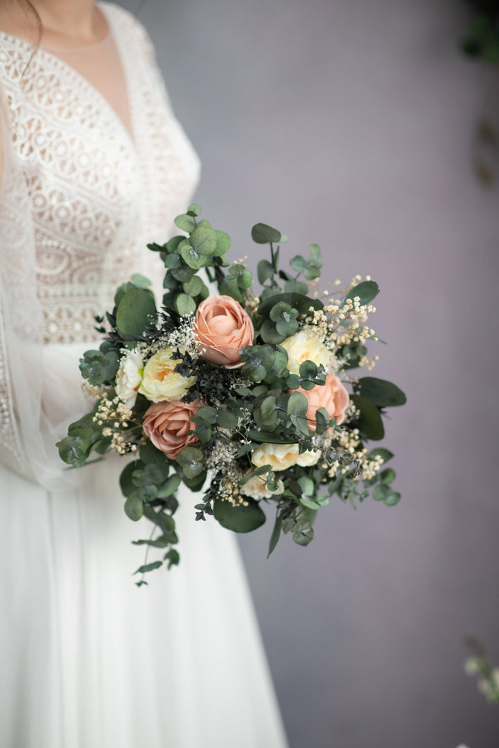 Peach Rose & Eucalyptus Bridal Bouquet: Preserved Wedding Flowers – handmade floral hair accessory by magaela
