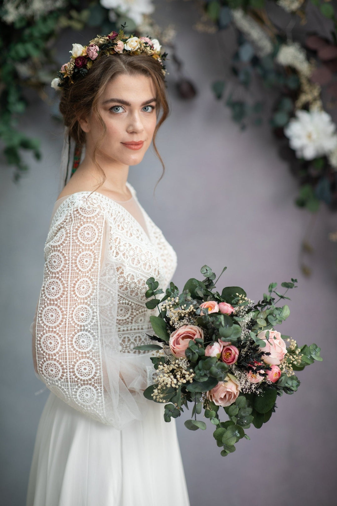 Peach Rose Wedding Bouquet: Blush Eucalyptus Bridal Bouquet – handmade floral hair accessory by magaela