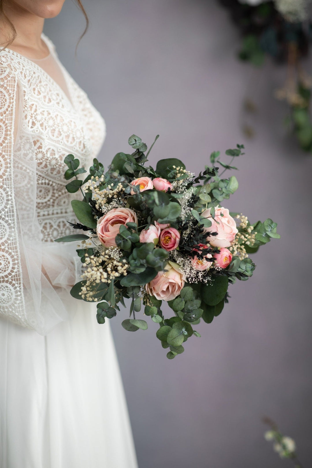 Peach Rose Wedding Bouquet: Blush Eucalyptus Bridal Bouquet – handmade floral hair accessory by magaela