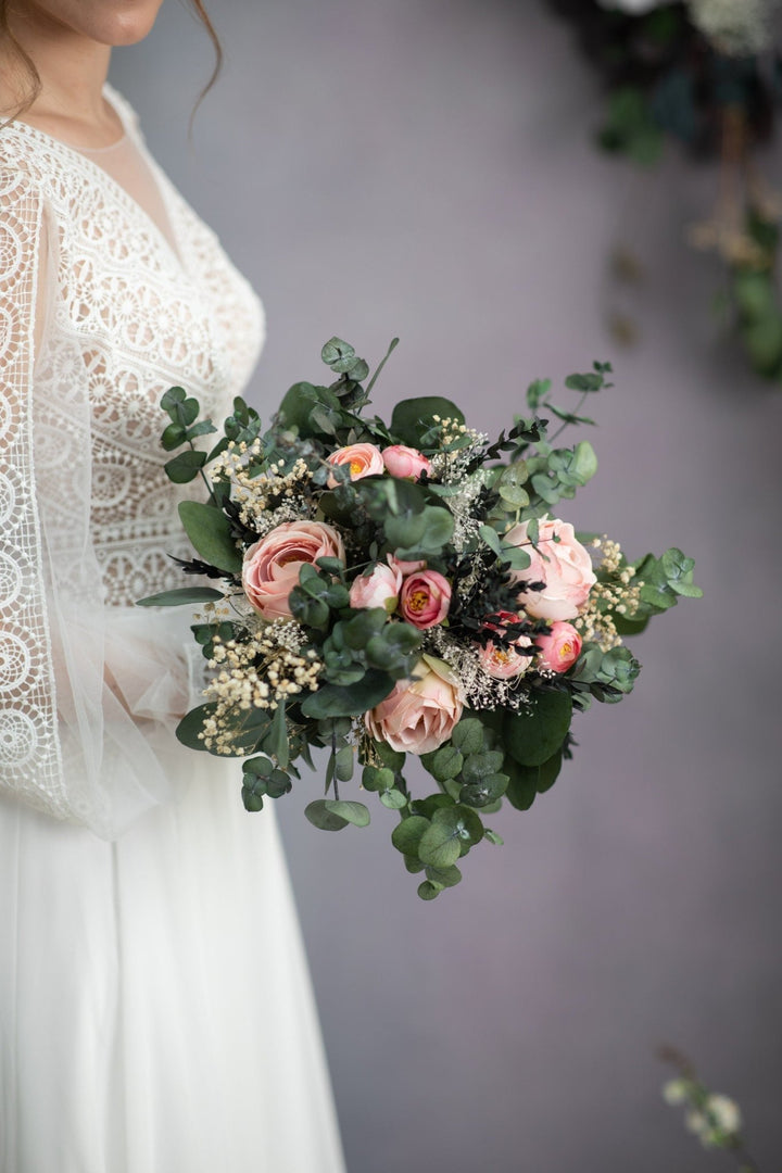 Peach Rose Wedding Bouquet: Blush Eucalyptus Bridal Bouquet – handmade floral hair accessory by magaela