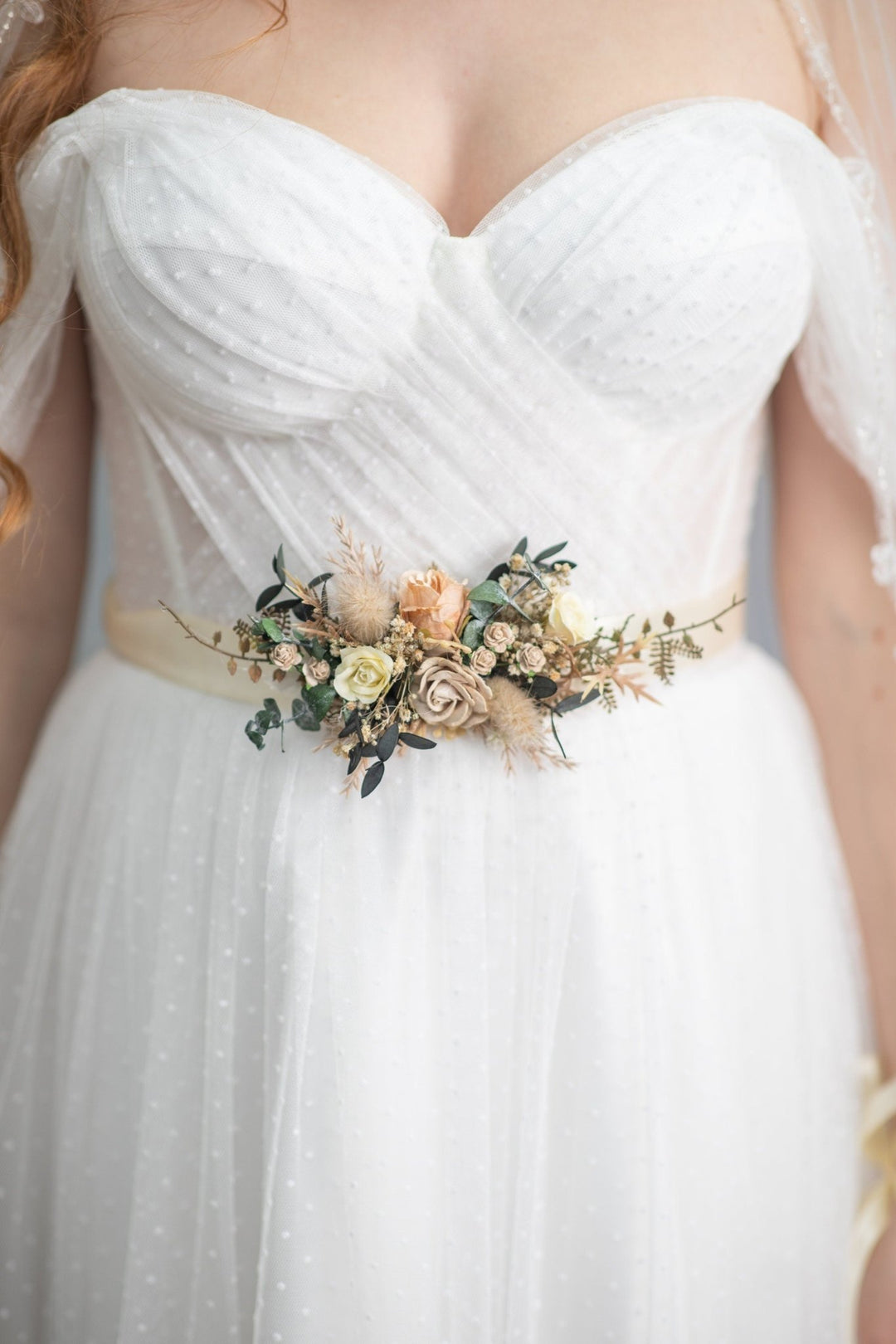 Mocha mousse wedding Nude wedding theme Beige flower belt with eucalyptus Wedding accessories Nude Rustic wedding flower sash Magaela – handmade floral hair accessory by magaela