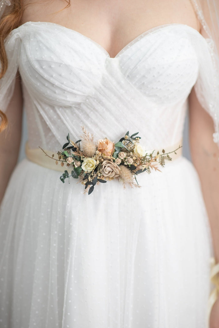Mocha mousse wedding Nude wedding theme Beige flower belt with eucalyptus Wedding accessories Nude Rustic wedding flower sash Magaela – handmade floral hair accessory by magaela