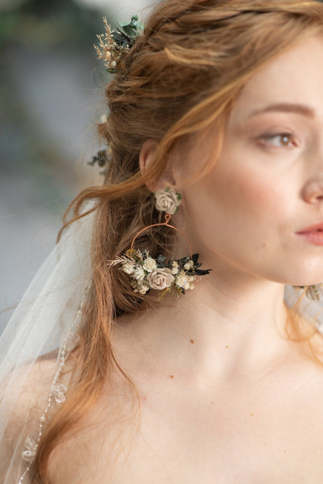 Nude circle earrings Mocha mousse wedding Bridal flower earrings Circle earrings Clip on flower earring Bridal jewellery Nude wedding theme – handmade floral hair accessory by magaela