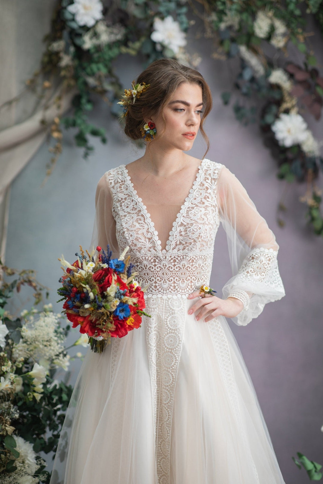 Folk Wedding Bouquet: Red Poppy, Cornflower, and Daisy Bridal Bouquet – handmade floral hair accessory by magaela