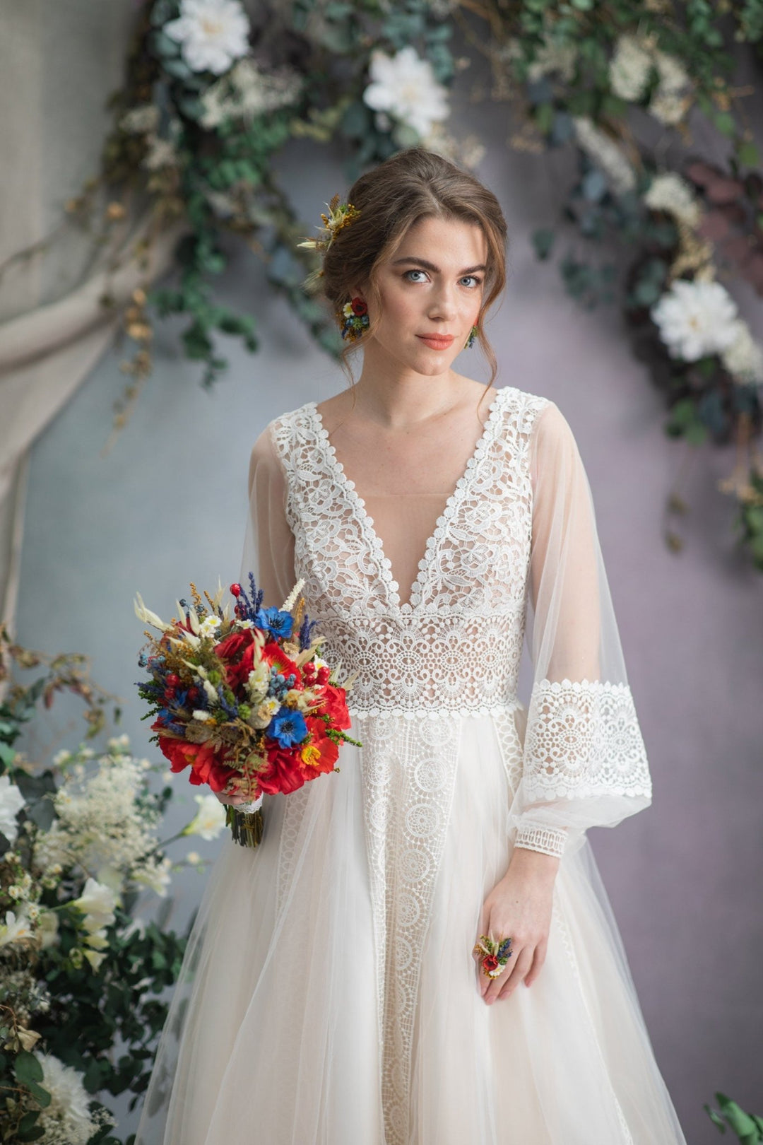 Folk Wedding Bouquet: Red Poppy, Cornflower, and Daisy Bridal Bouquet – handmade floral hair accessory by magaela