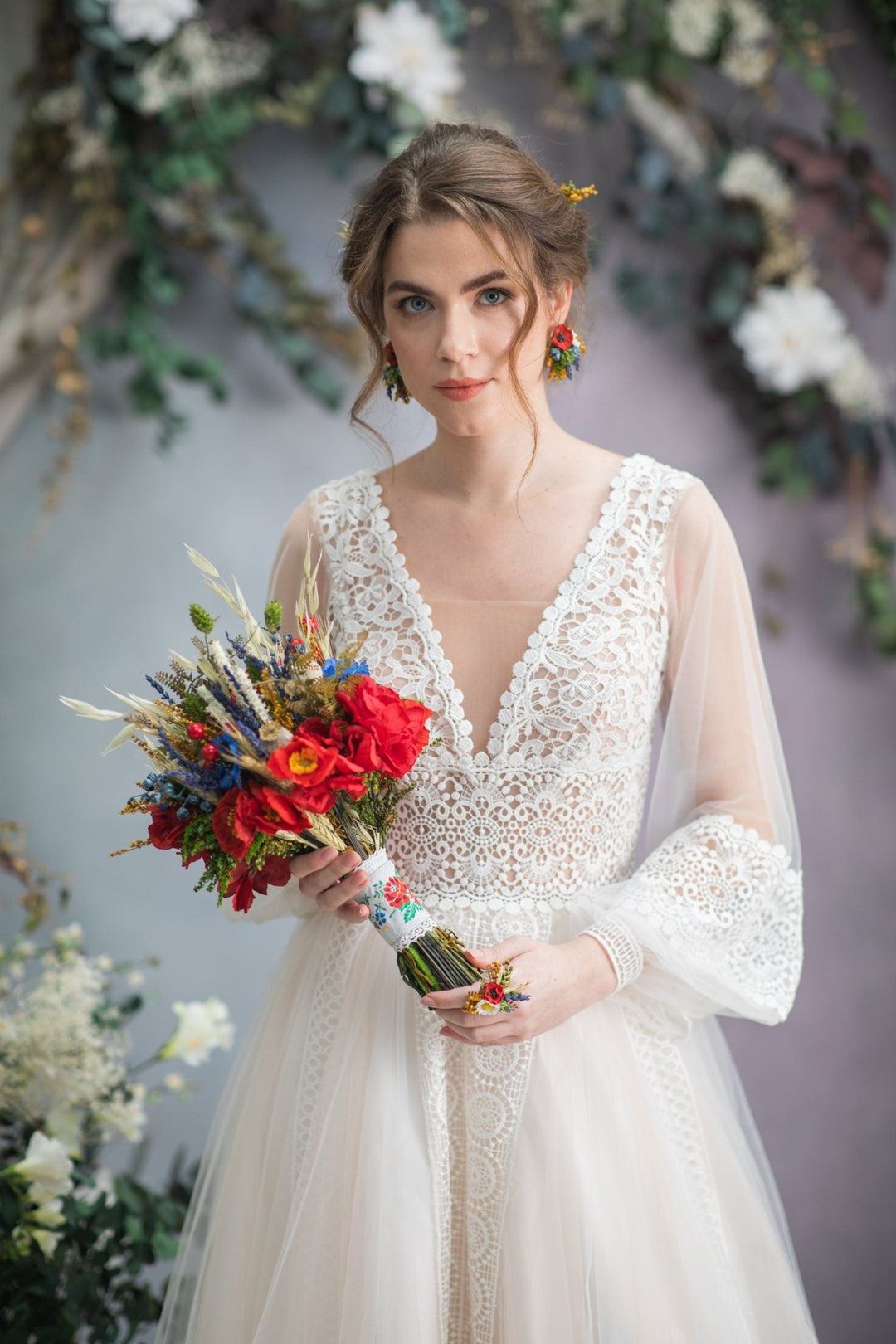 Folk Wedding Bouquet: Red Poppy, Cornflower, and Daisy Bridal Bouquet – handmade floral hair accessory by magaela