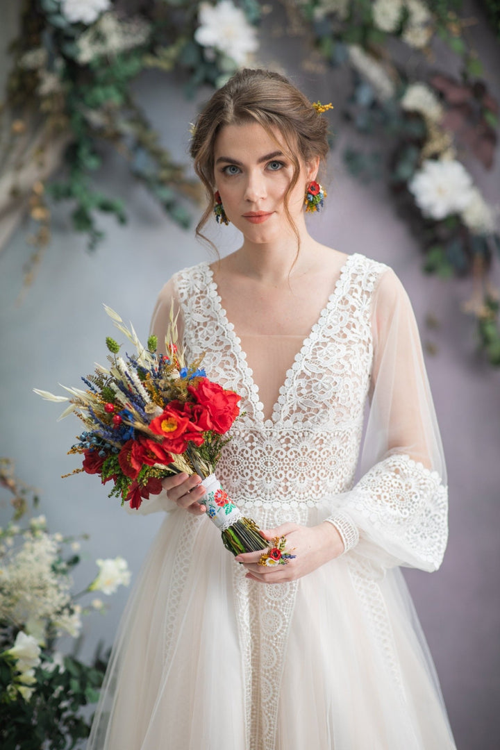 Folk Wedding Bouquet: Red Poppy, Cornflower, and Daisy Bridal Bouquet – handmade floral hair accessory by magaela