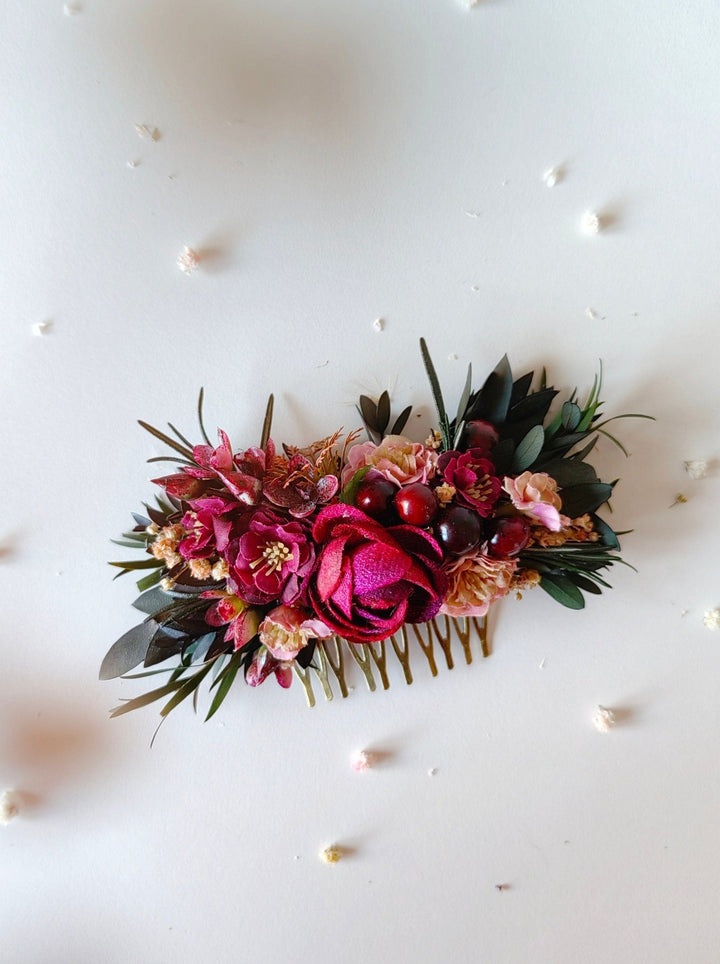 Burgundy Flower Hair Comb & Pins: Autumn Wedding Hair Accessories – handmade floral hair accessory by magaela