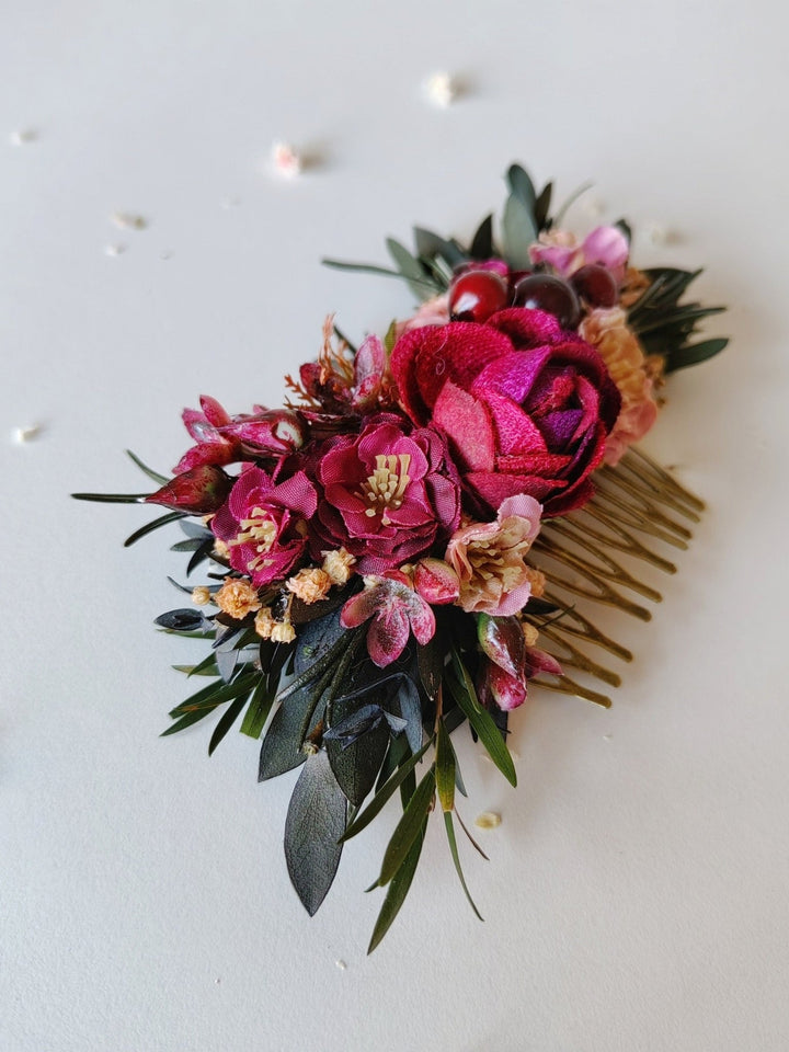 Burgundy Flower Hair Comb & Pins: Autumn Wedding Hair Accessories – handmade floral hair accessory by magaela