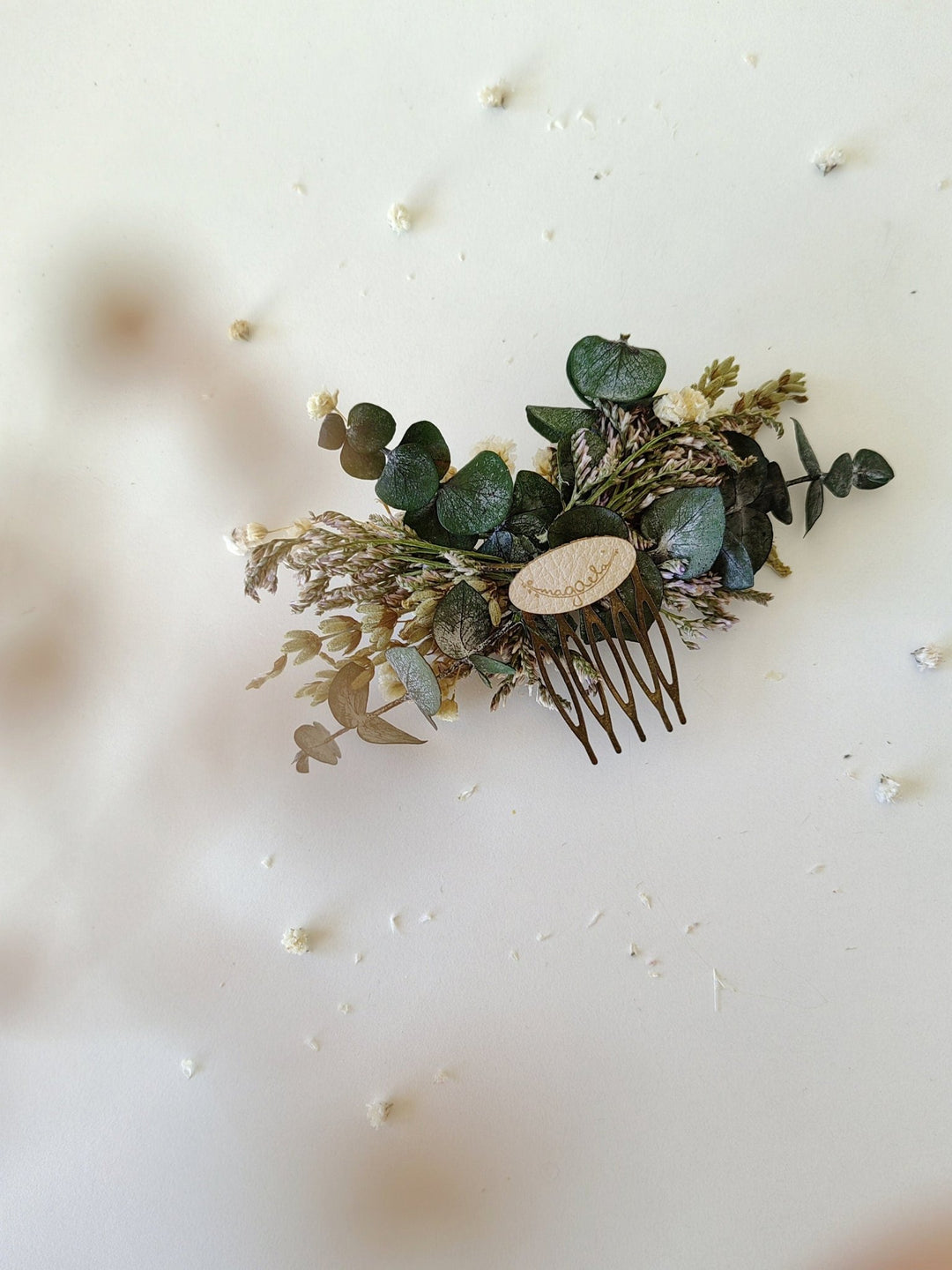 Delicate Dried Flower Hair Comb: Greenery Wedding Headpiece – handmade floral hair accessory by magaela