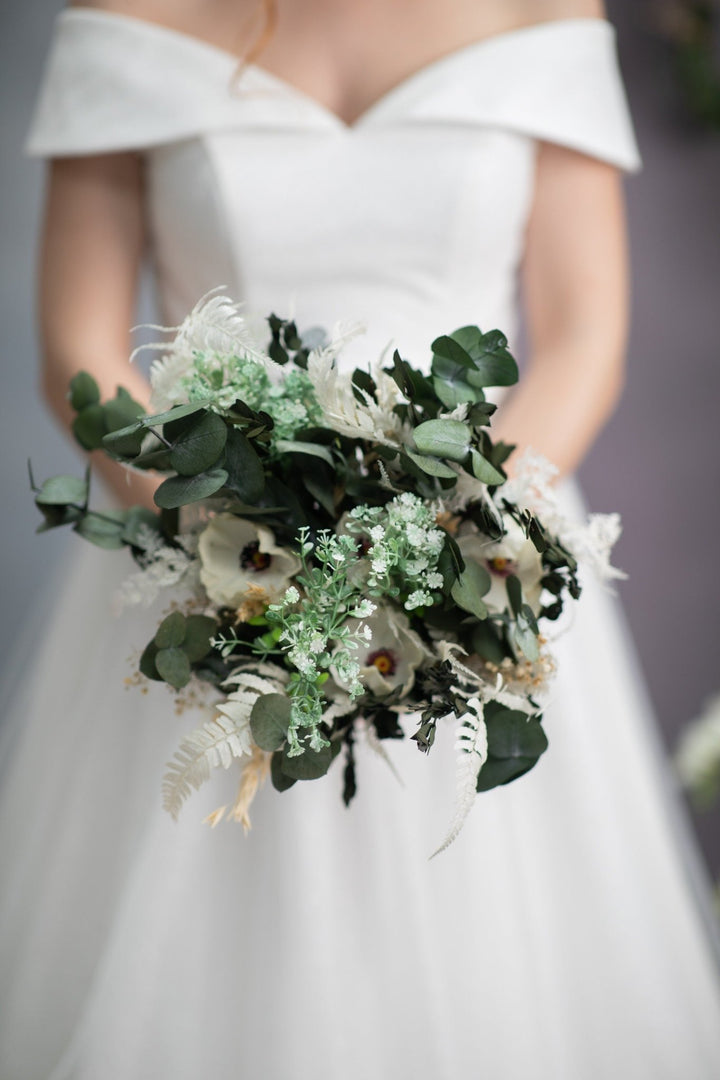 Greenery Anemone Wedding Bouquet: Eucalyptus Bridal Accessory – handmade floral hair accessory by magaela
