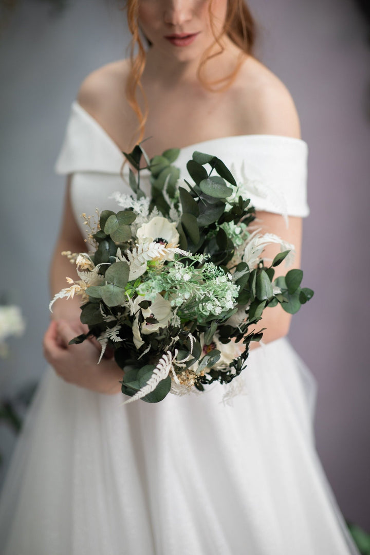 Greenery Anemone Wedding Bouquet: Eucalyptus Bridal Accessory – handmade floral hair accessory by magaela