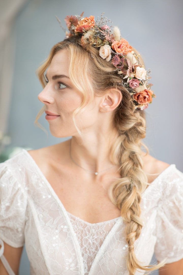 Dusty Orange Flower Crown: Boho Bridal Headpiece – handmade floral hair accessory by magaela