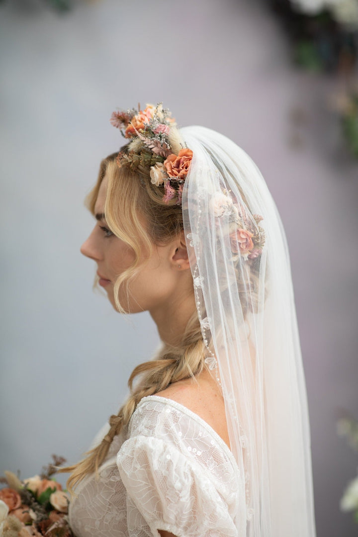 Dusty Orange Flower Crown: Boho Bridal Headpiece – handmade floral hair accessory by magaela
