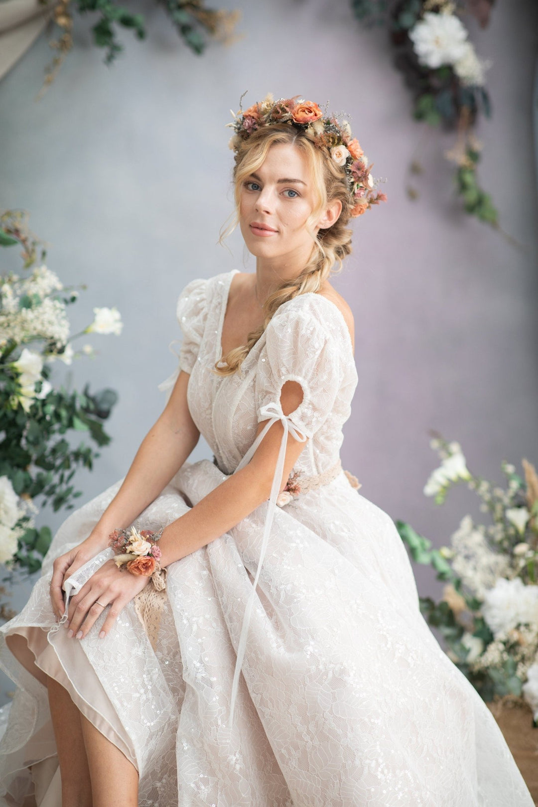 Peach Flower Bracelet: Romantic Lace Wrist Corsage, Bridal Accessory – handmade floral hair accessory by magaela