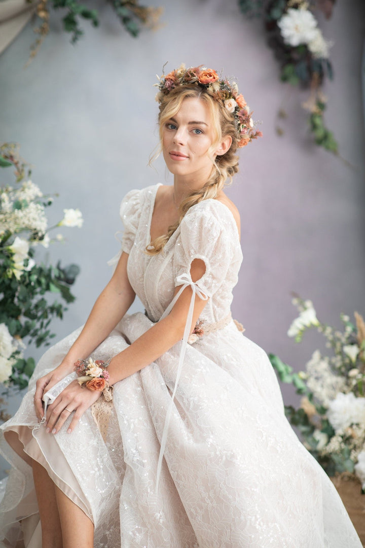 Peach Flower Bracelet: Romantic Lace Wrist Corsage, Bridal Accessory – handmade floral hair accessory by magaela