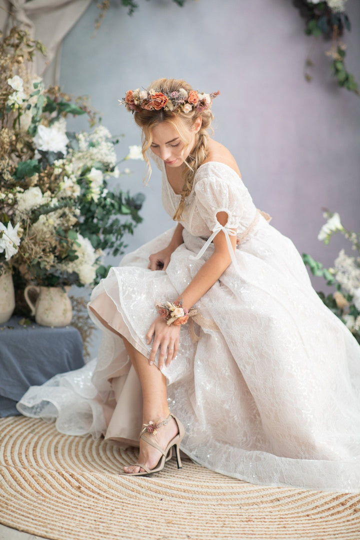 Peach Flower Bracelet: Romantic Lace Wrist Corsage, Bridal Accessory – handmade floral hair accessory by magaela