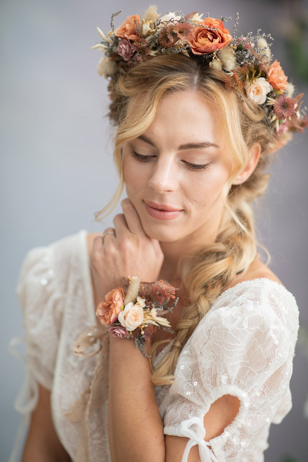 Peach Flower Bracelet: Romantic Lace Wrist Corsage, Bridal Accessory – handmade floral hair accessory by magaela