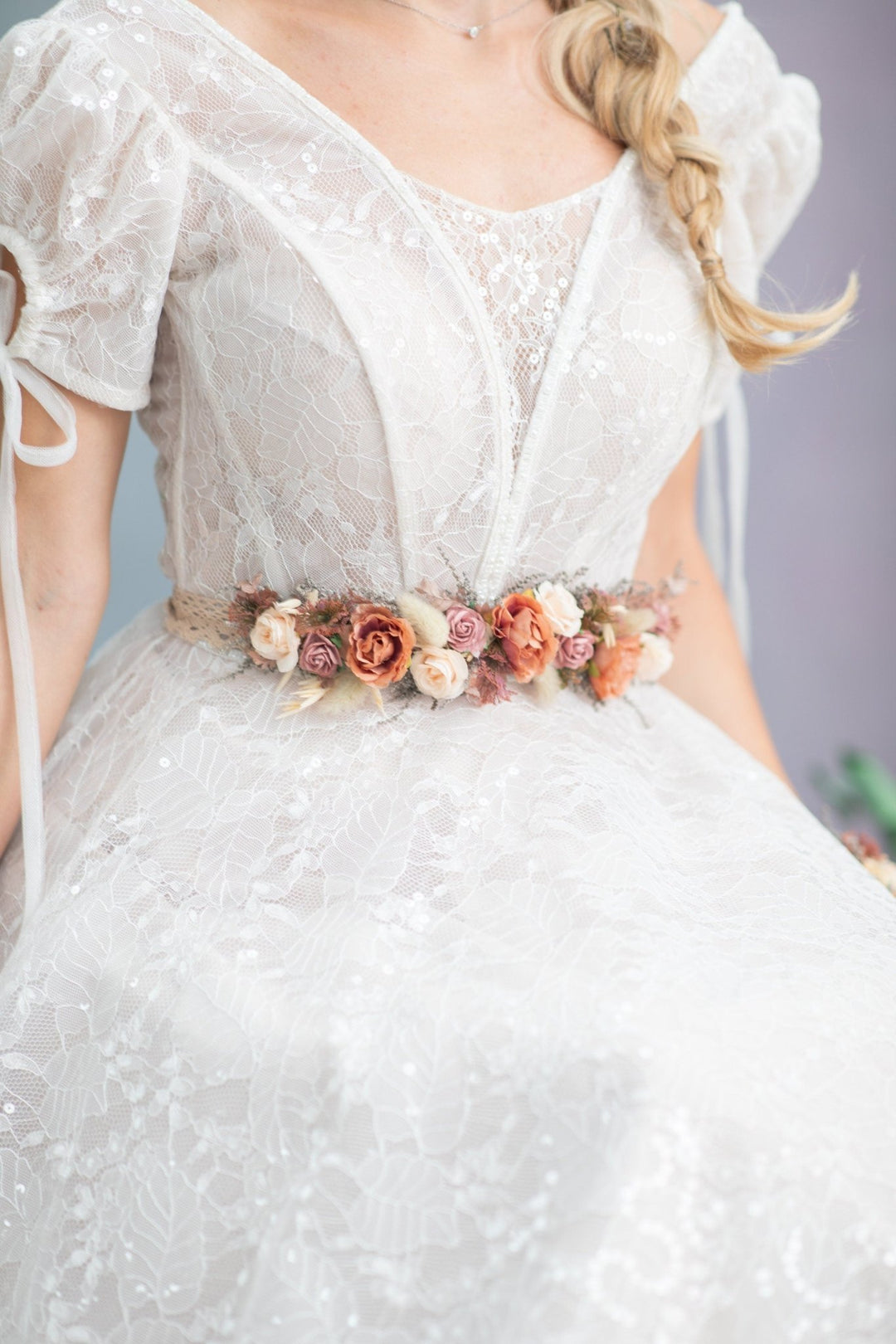 Autumn Flower Bridal Belt: Rustic Peach & Ivory Wedding Sash – handmade floral hair accessory by magaela