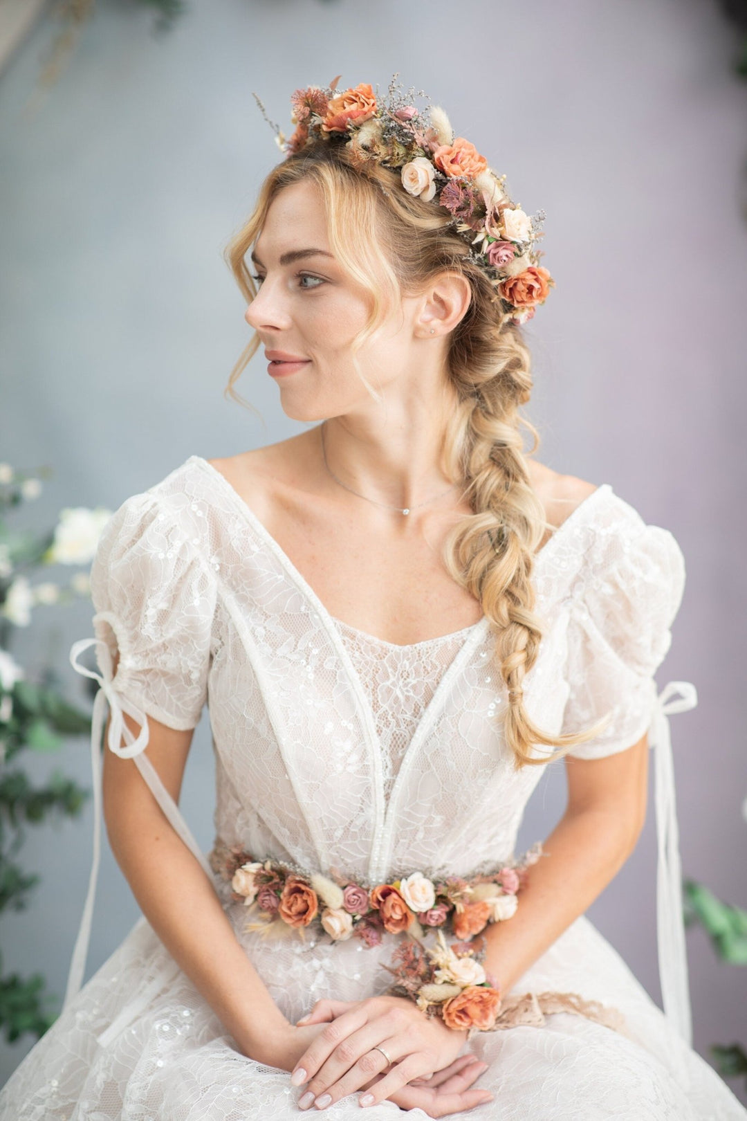 Autumn Flower Bridal Belt: Rustic Peach & Ivory Wedding Sash – handmade floral hair accessory by magaela