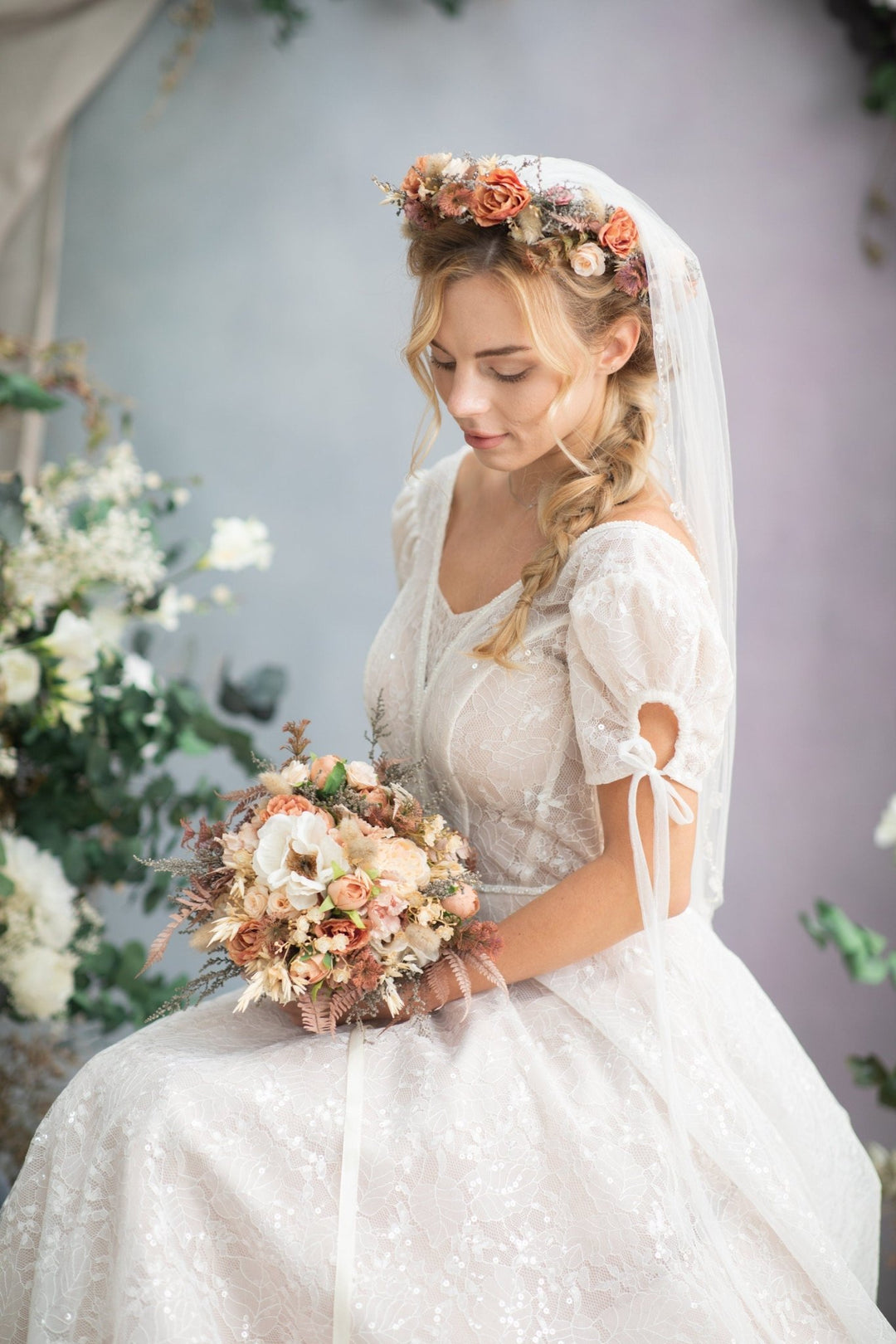 Rustic Orange Ivory Bridal Bouquet: Handmade Autumn Wedding Flowers – handmade floral hair accessory by magaela