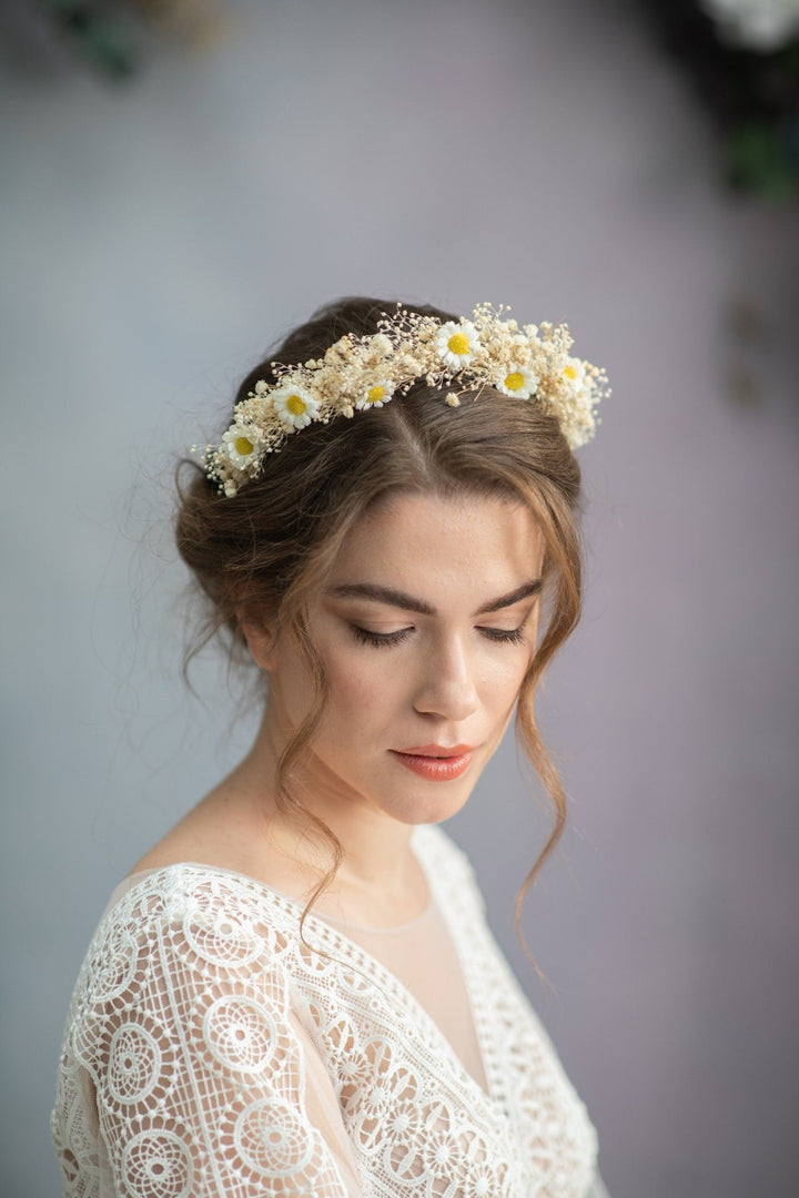 Daisy Wedding Headband: Ivory Flower Crown with Baby's Breath – handmade floral hair accessory by magaela
