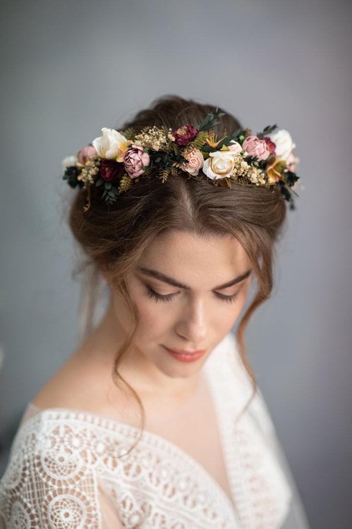 Dusty Pink Rose Wedding Hair Crown with Folk Veil – handmade floral hair accessory by magaela